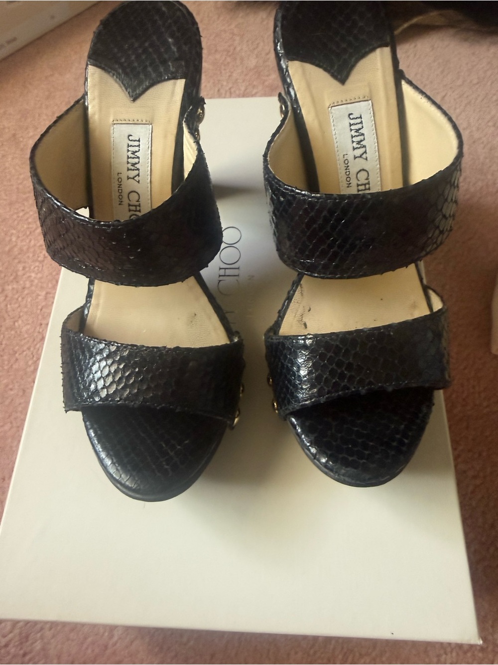 Jimmy Choo Black Snake-Embossed Platform Sandals